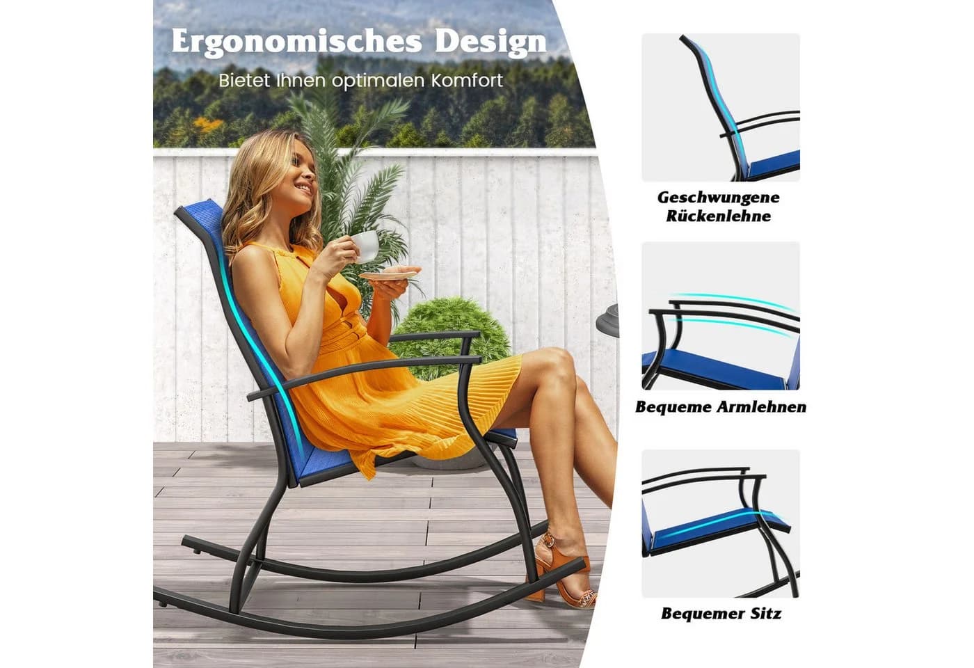 COSTWAY Schaukelstuhl 2er Set Gartenstuhl Marineblau Schwarz - Bild 5