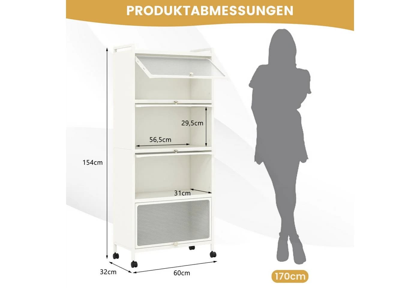 COSTWAY Hochschrank 5-stufig Küchenregal Weiß mit PC-Türen & Rollen - Bild 3