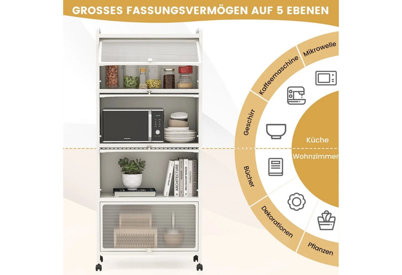 COSTWAY Hochschrank 5-stufig Küchenregal Weiß mit PC-Türen & Rollen - Bild 4
