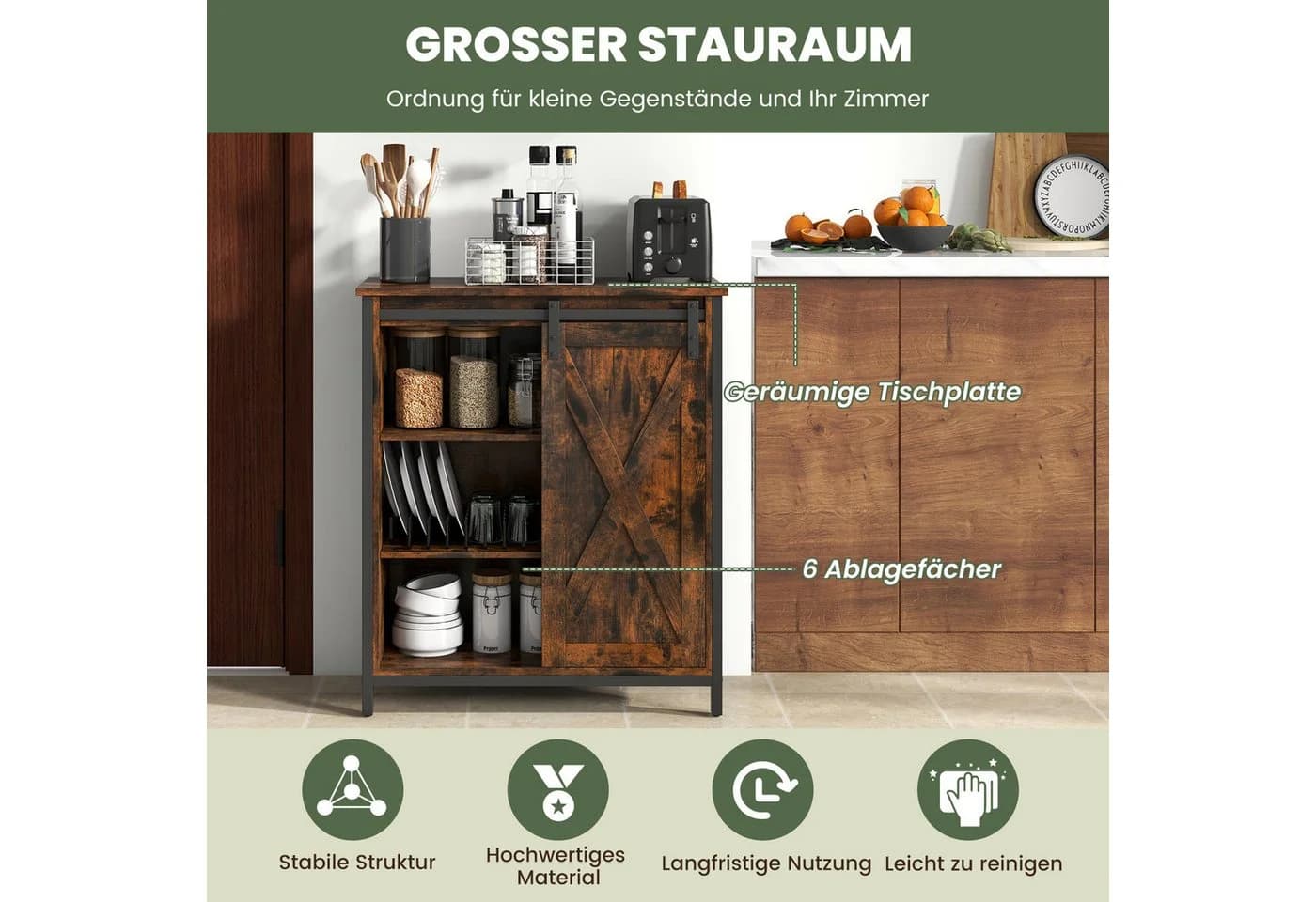 COSTWAY Sideboard mit Schiebetüren Rustikales Braun 6 Fächer