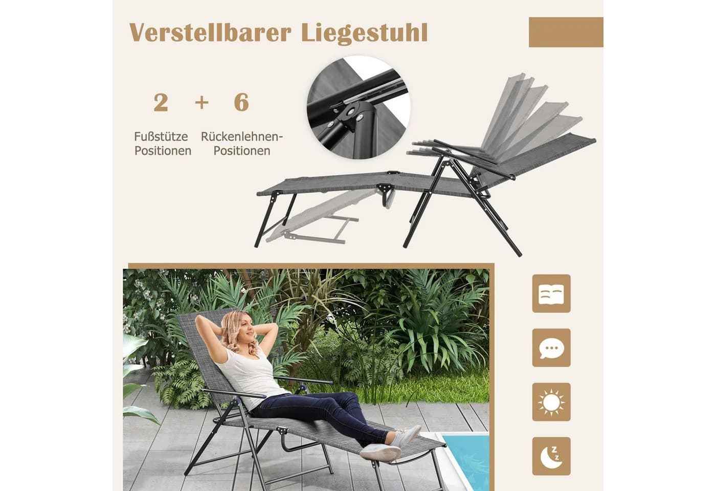 KOMFOTTEU Gartenliege 2er Set Klappbar Grau