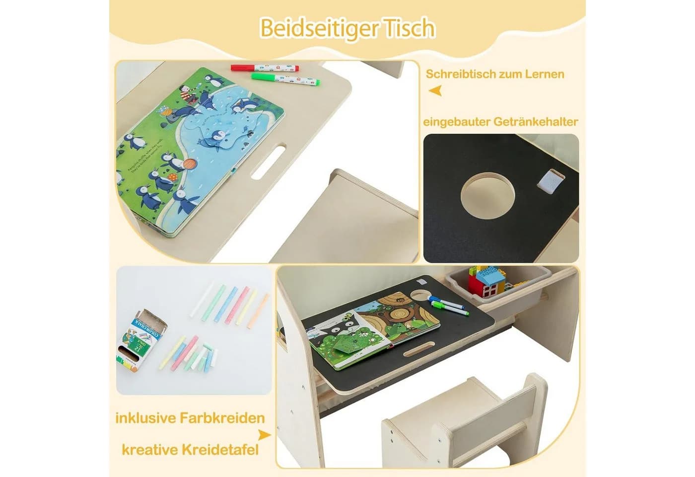KOMFOTTEU 6-in-1 Spielzelt mit Tisch, Stuhl & Tafel Natur - Bild 3