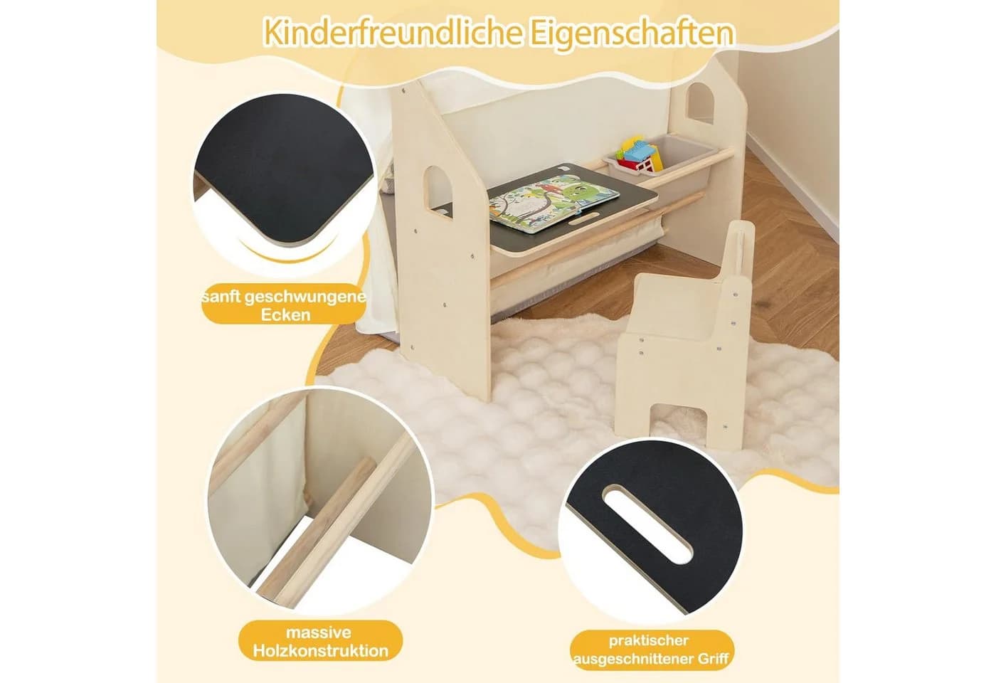 KOMFOTTEU 6-in-1 Spielzelt mit Tisch, Stuhl & Tafel Natur - Bild 4