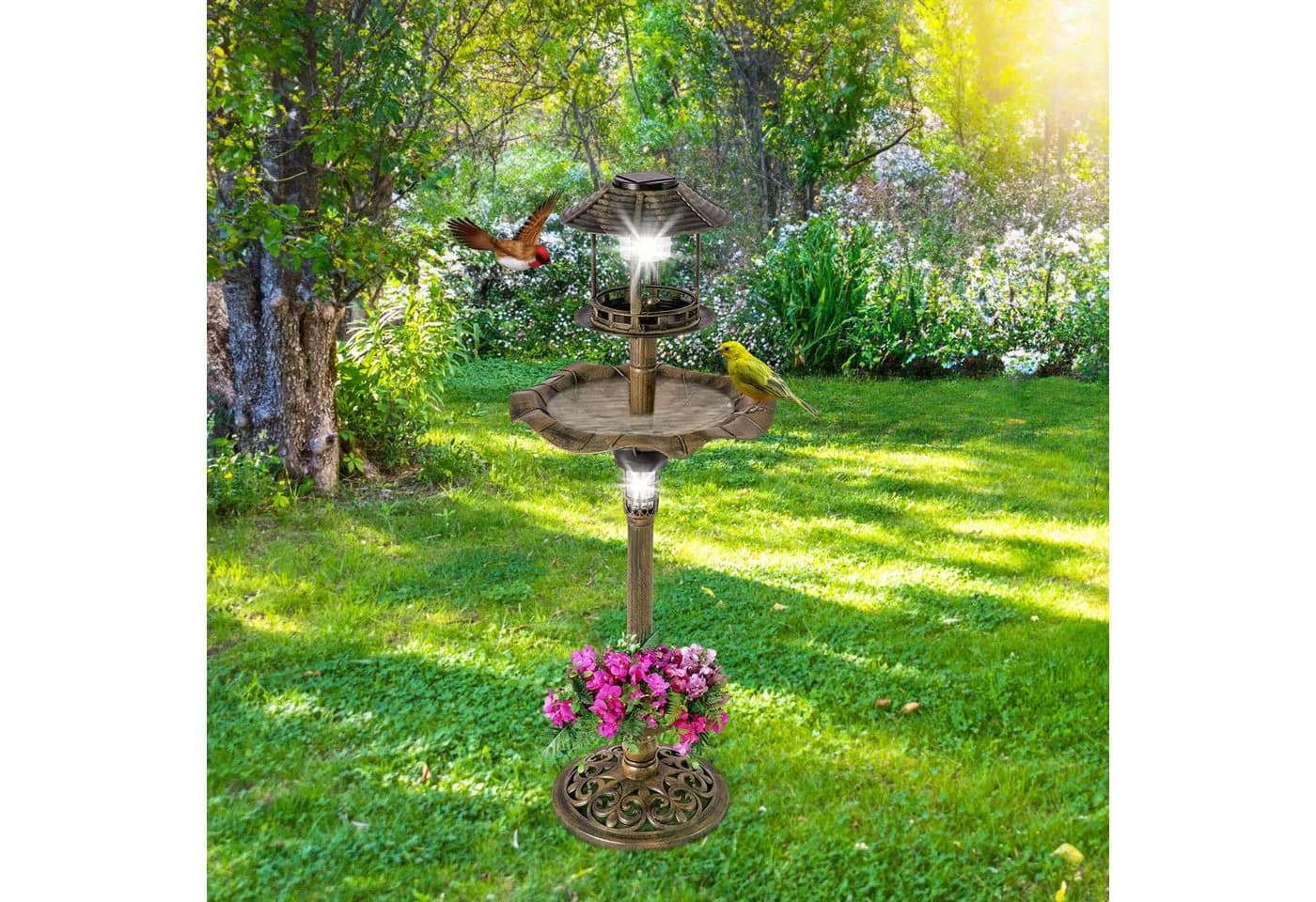 KOMFOTTEU Vogelbad Bronze/Grün mit Solar Leuchten