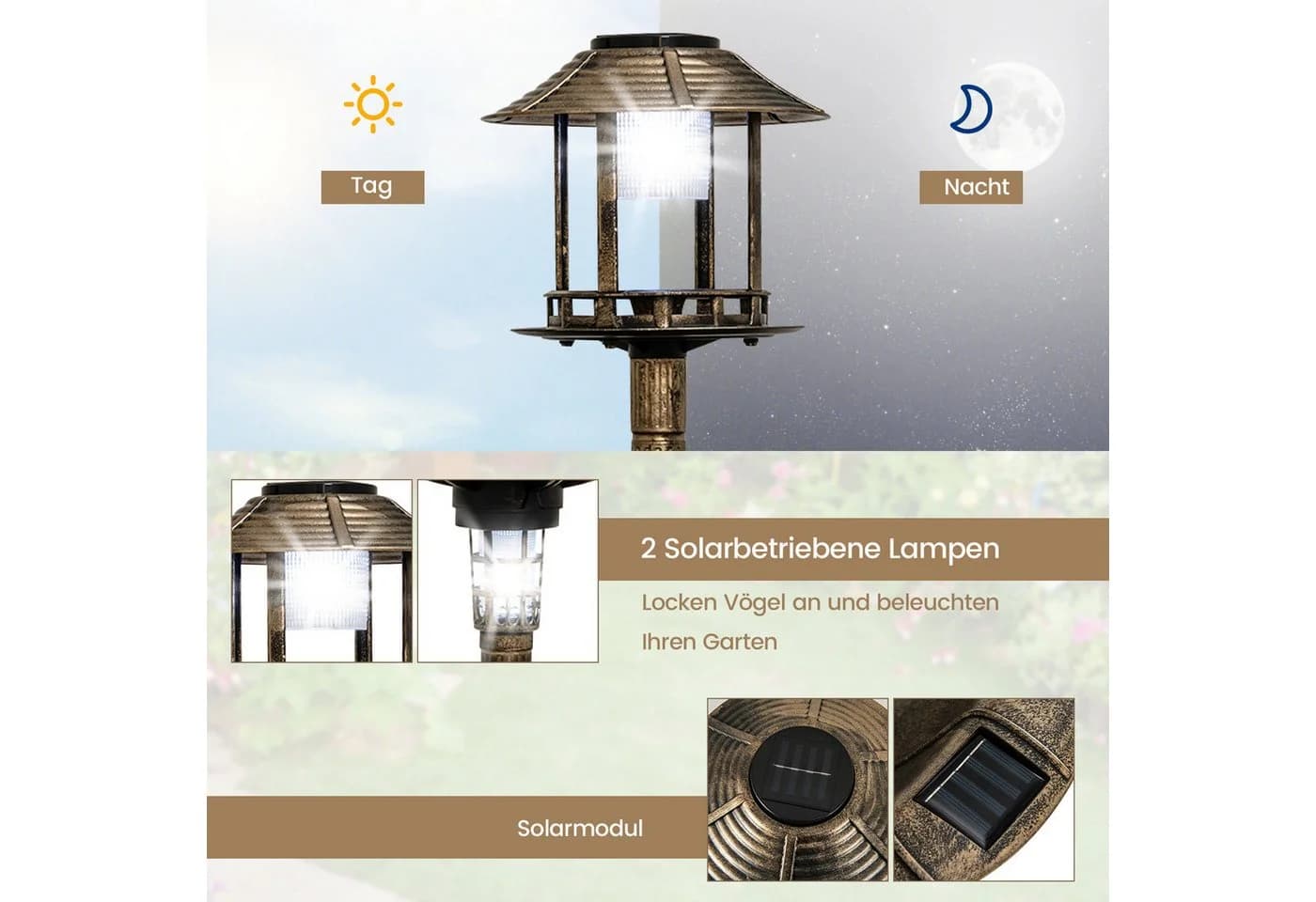 KOMFOTTEU Vogelbad Bronze/Grün mit Solar Leuchten - Bild 4