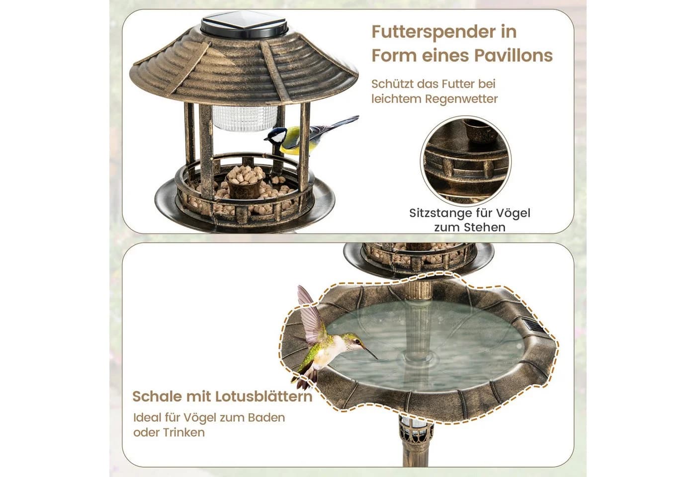 KOMFOTTEU Vogelbad Bronze/Grün mit Solar Leuchten - Bild 5