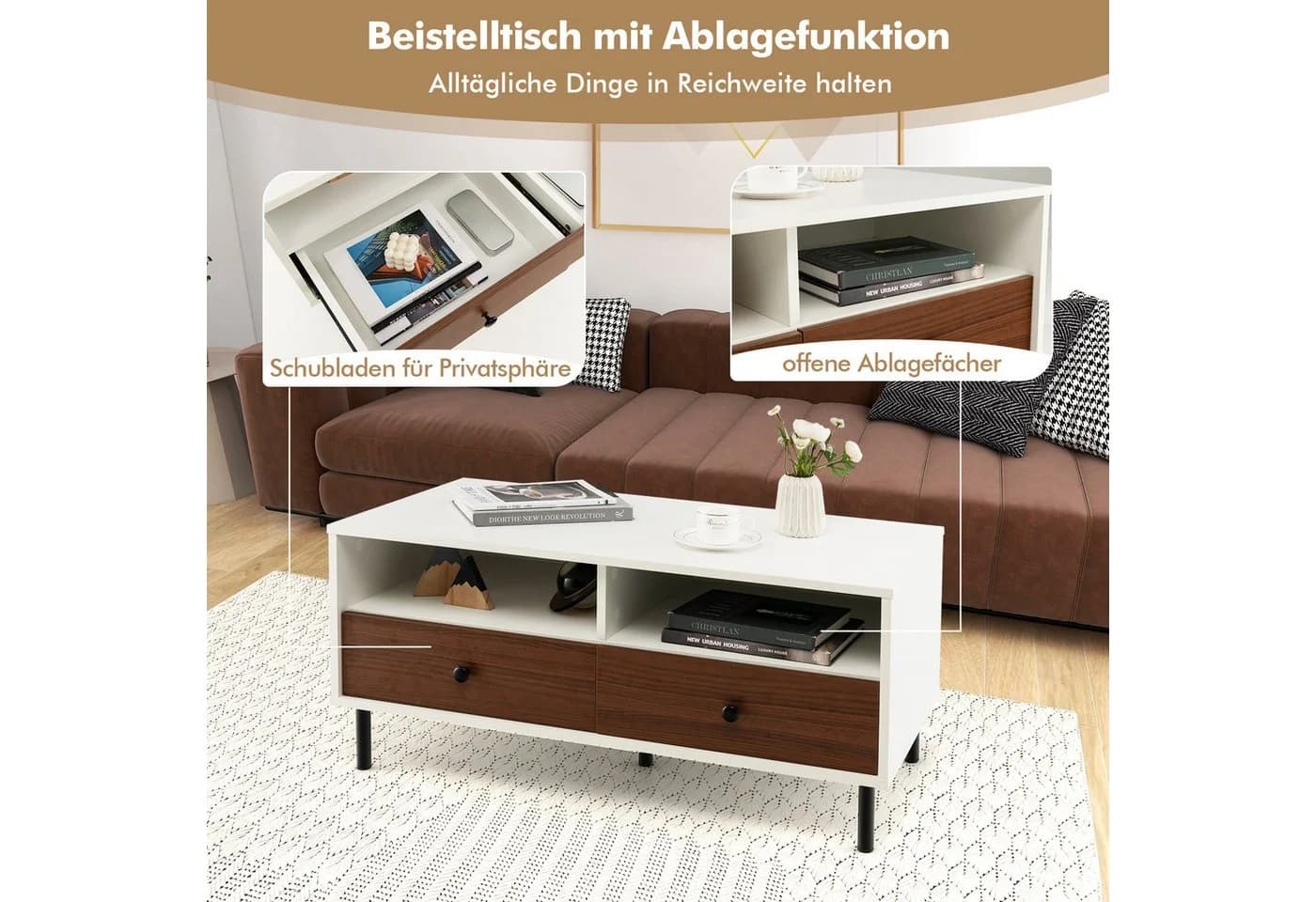COSTWAY Couchtisch Weiß/Braun mit Schubladen & Ablagen - Bild 3