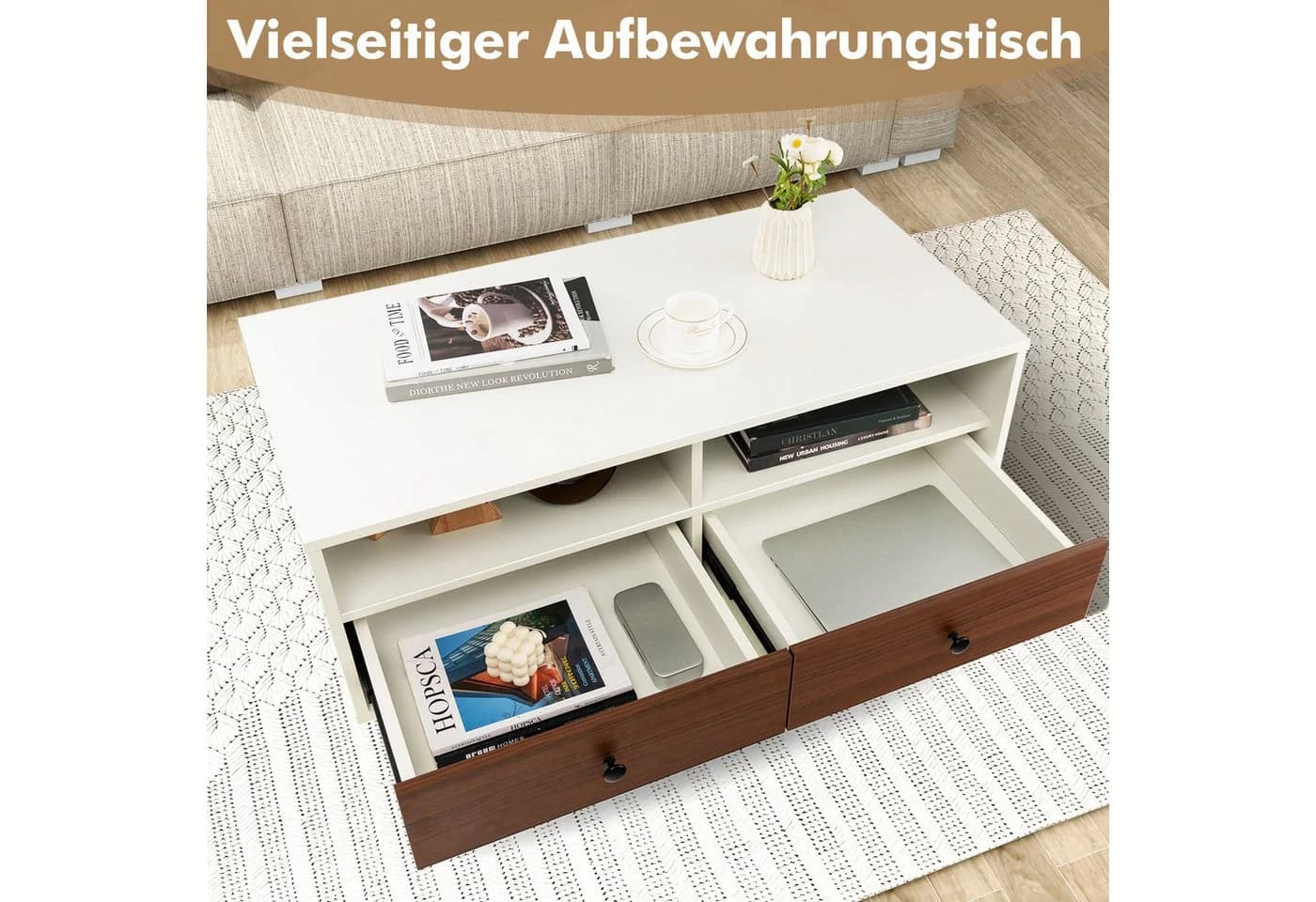 COSTWAY Couchtisch Weiß/Braun mit Schubladen & Ablagen - Bild 4