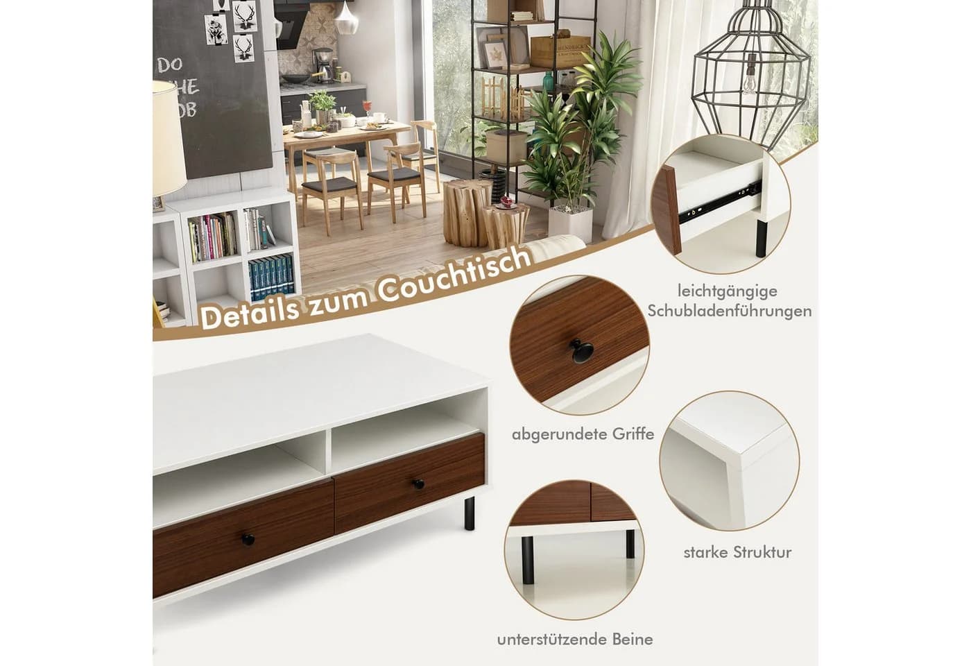 COSTWAY Couchtisch Weiß/Braun mit Schubladen & Ablagen - Bild 5