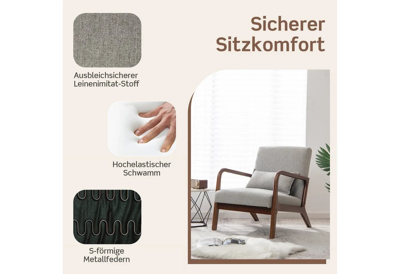 COSTWAY Relaxsessel Beige/Grau Holz 65x79x77cm - Bild 4