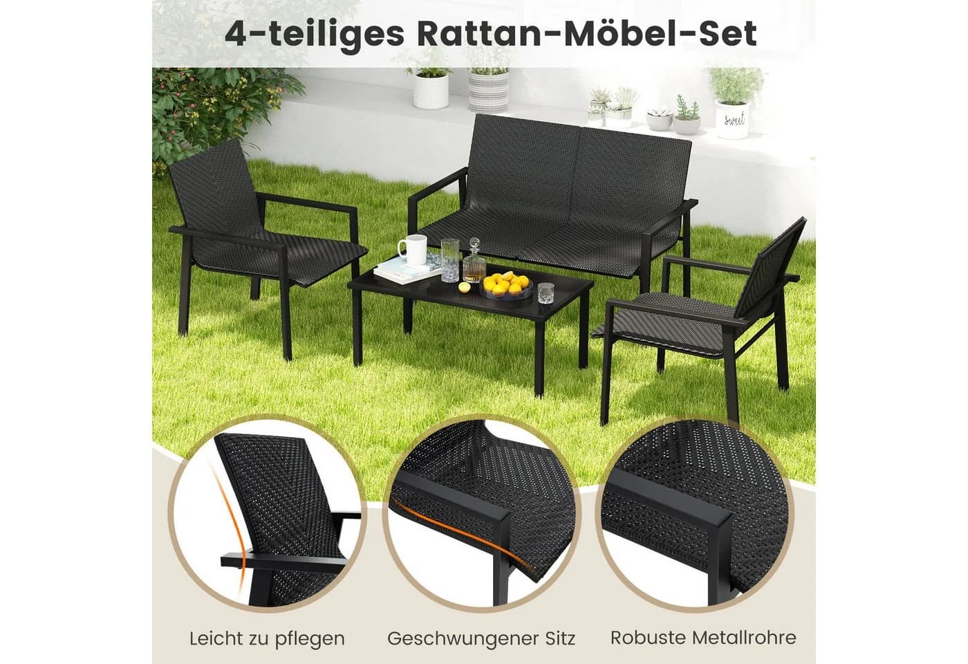 COSTWAY Gartenlounge-Set 4-tlg. PE Rattan mit Bank, 2 Stühlen & Tisch