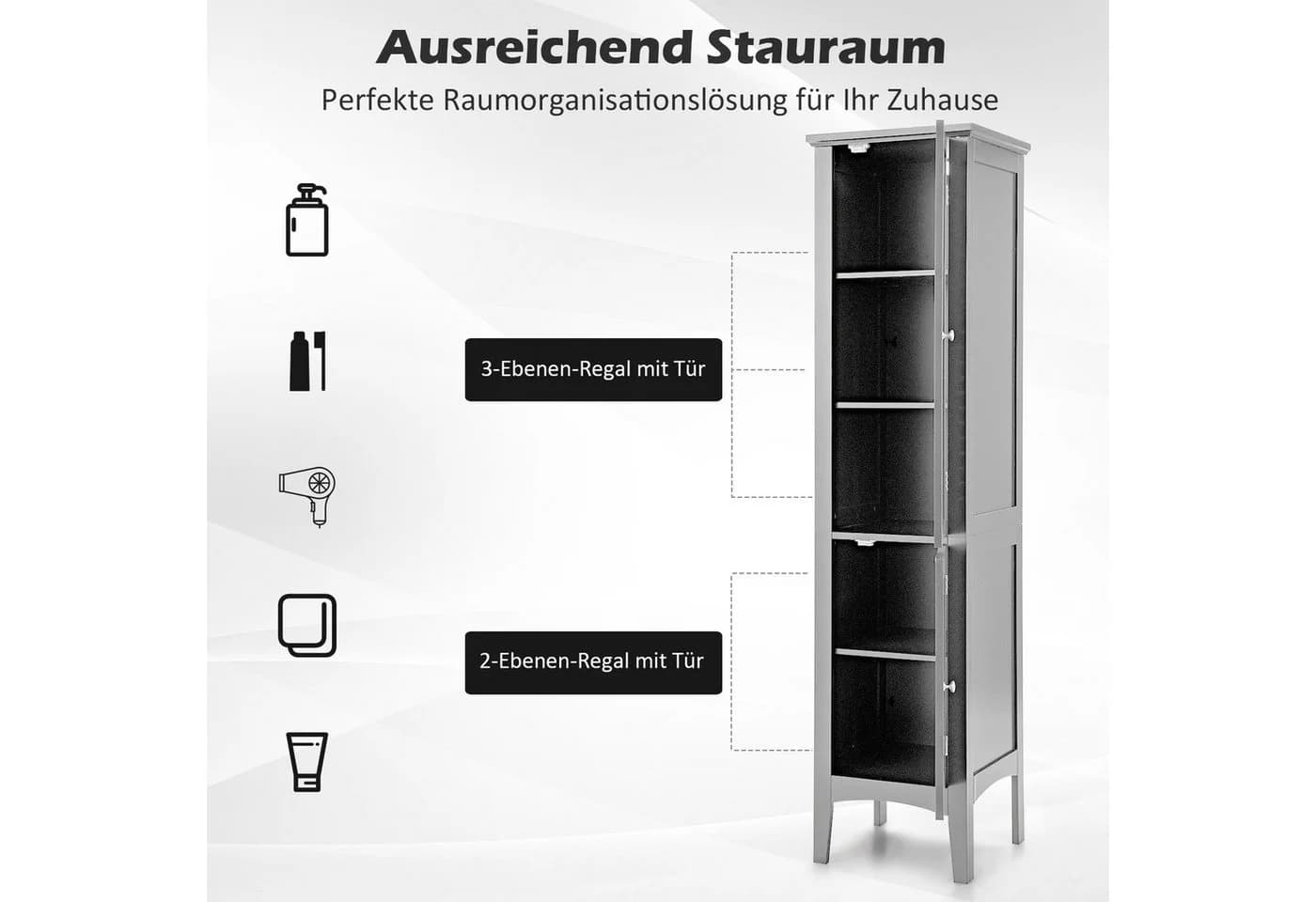 COSTWAY Hochschrank Bad, schmal, mit 2 Lamellentüren, 5 Fächern, 37x37x160cm - Bild 3