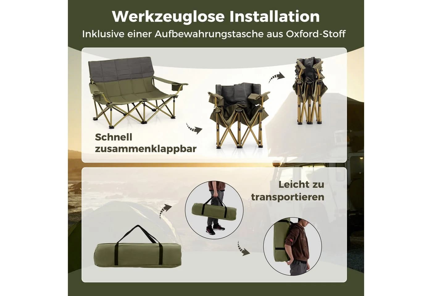 COSTWAY Campingstuhl 2-Sitzer Klappstuhl Grün - Bild 3