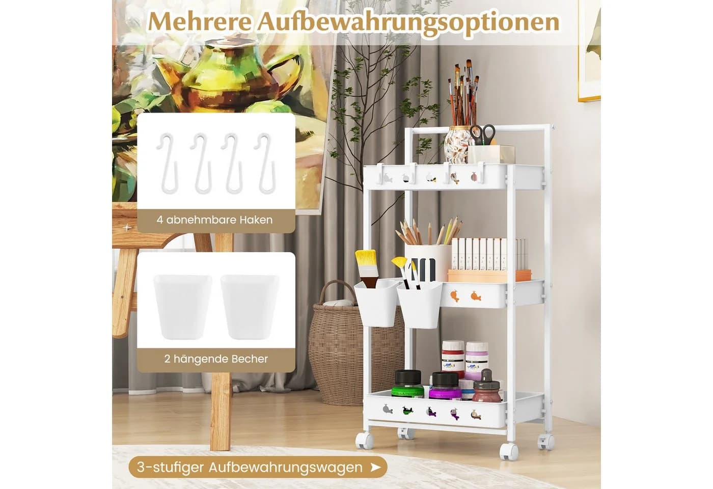 COSTWAY Rollwagen Küche Weiß 3-Ebenen mit Hängebechern & Rollen - Bild 3