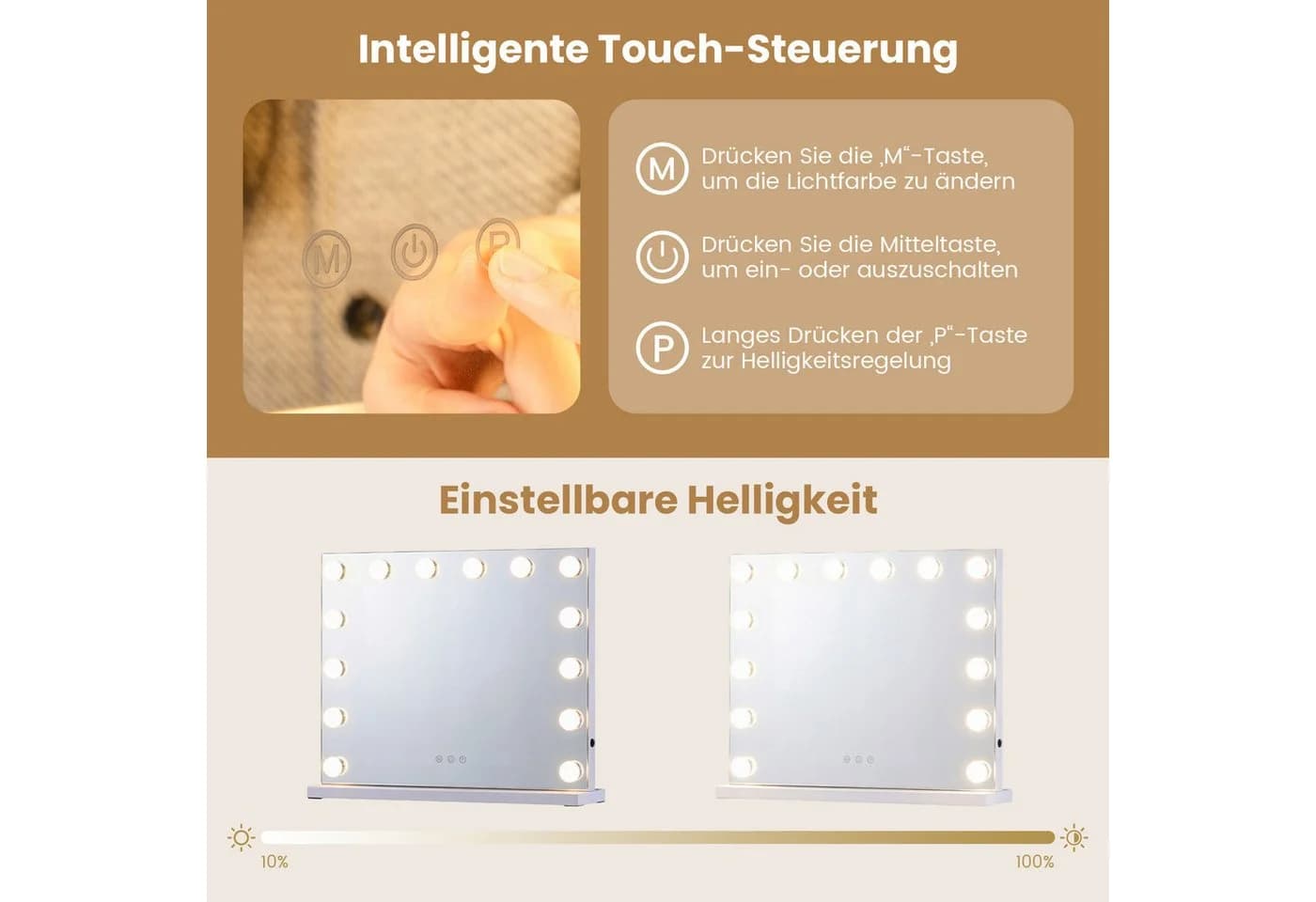 COSTWAY Schminkspiegel Hollywood Spiegel 14 LED-Leuchten 3 Lichtfarben