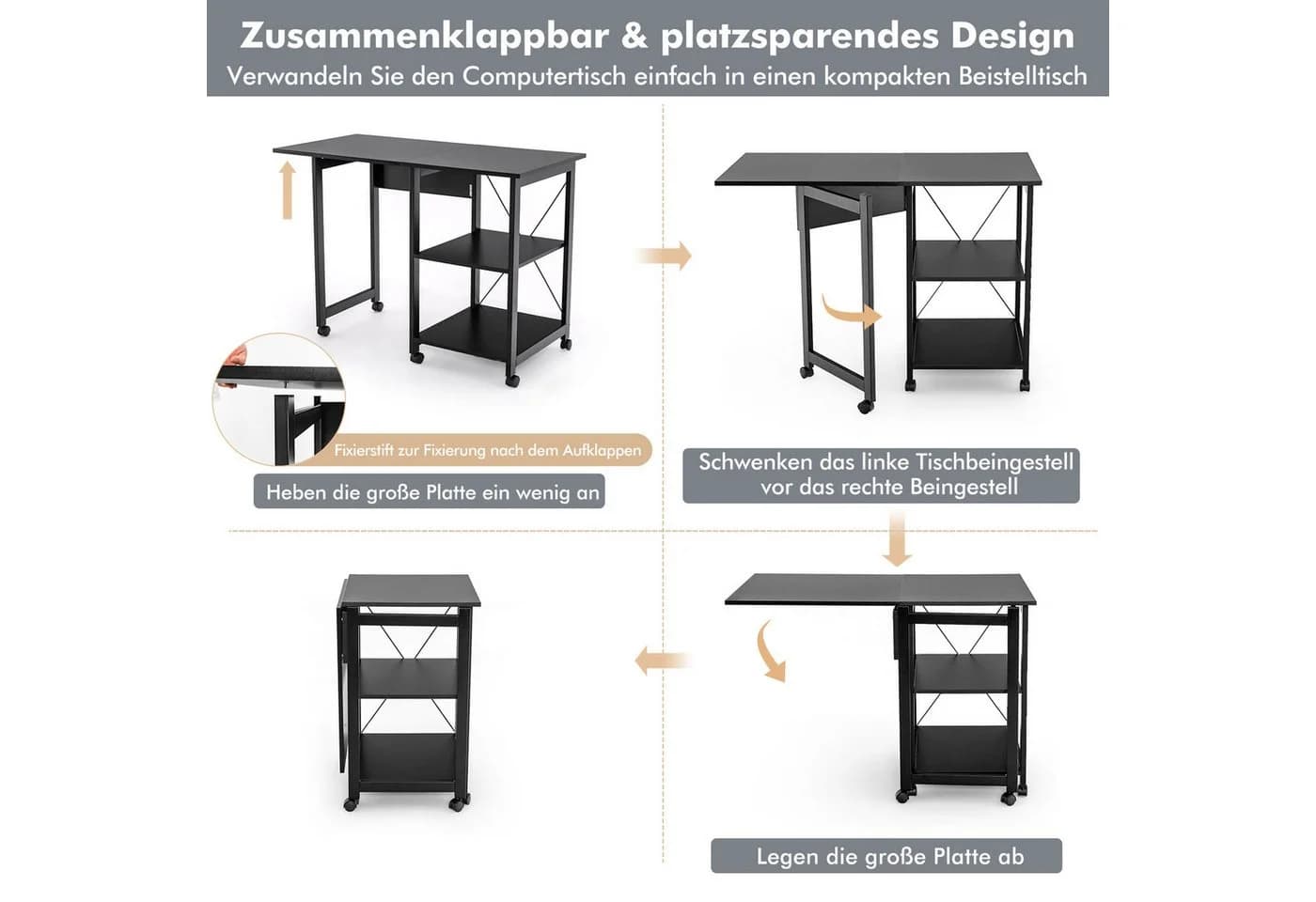 COSTWAY Klappbarer Computertisch mit Rollen & abnehmbarem Regal - Bild 3