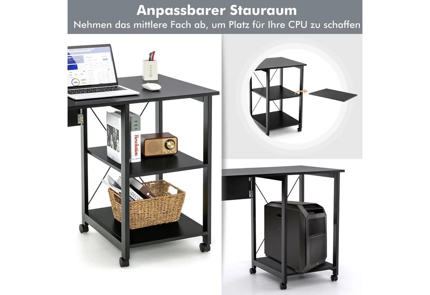 COSTWAY Klappbarer Computertisch mit Rollen & abnehmbarem Regal - Bild 4