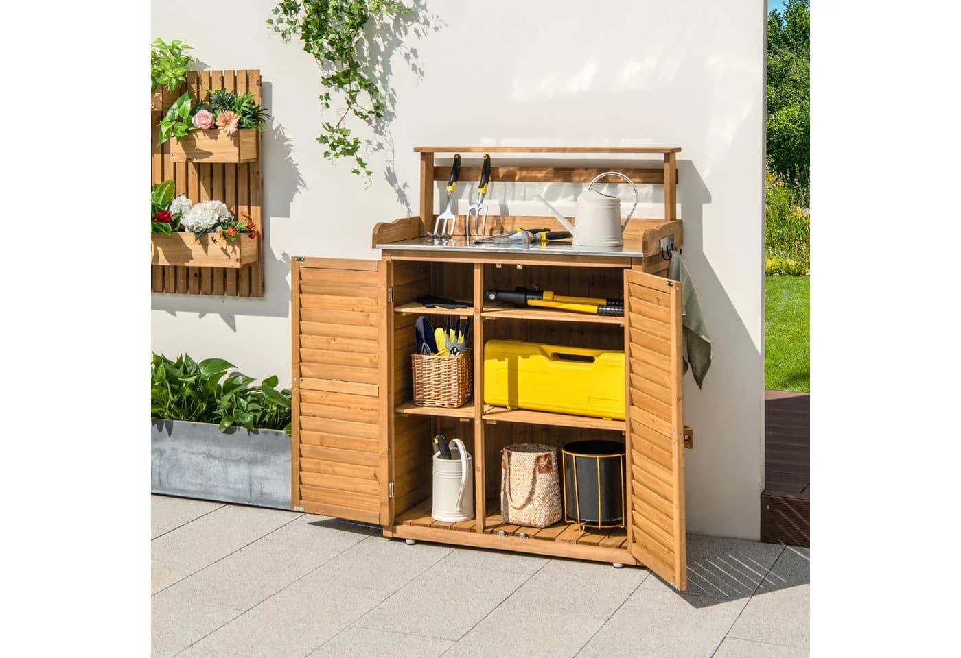 COSTWAY Pflanztisch mit Unterschrank und abnehmbaren Regalen