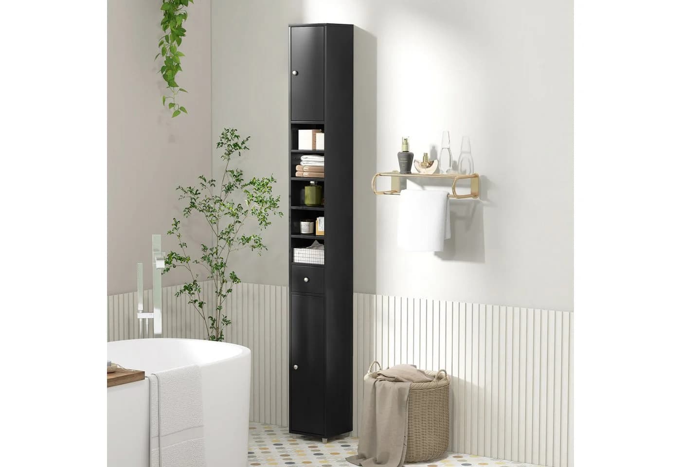 COSTWAY Hochschrank Badschrank schmal, 9 Fächer, 180 cm weiß