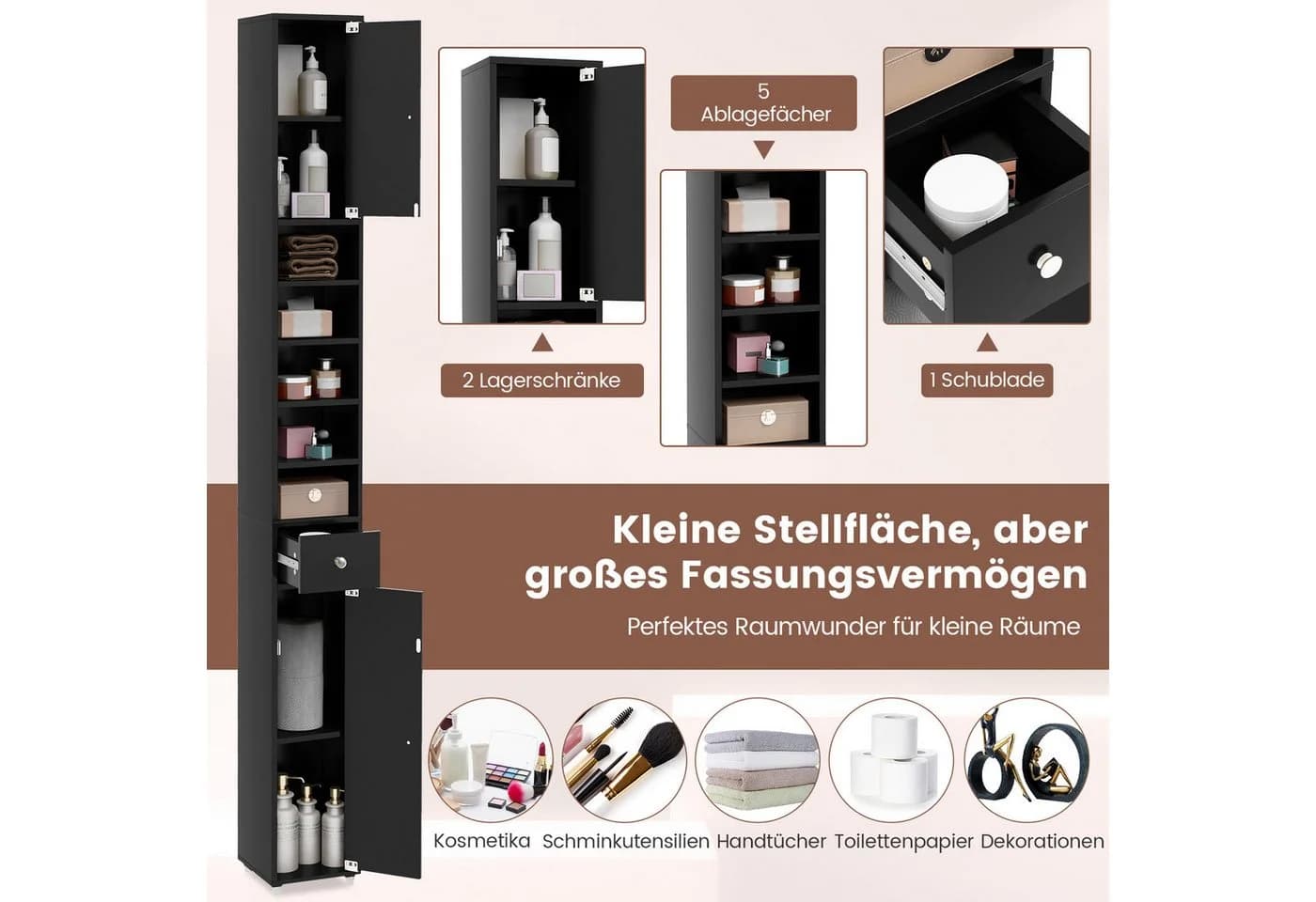 COSTWAY Hochschrank Badschrank schmal, 9 Fächer, 180 cm weiß - Bild 3