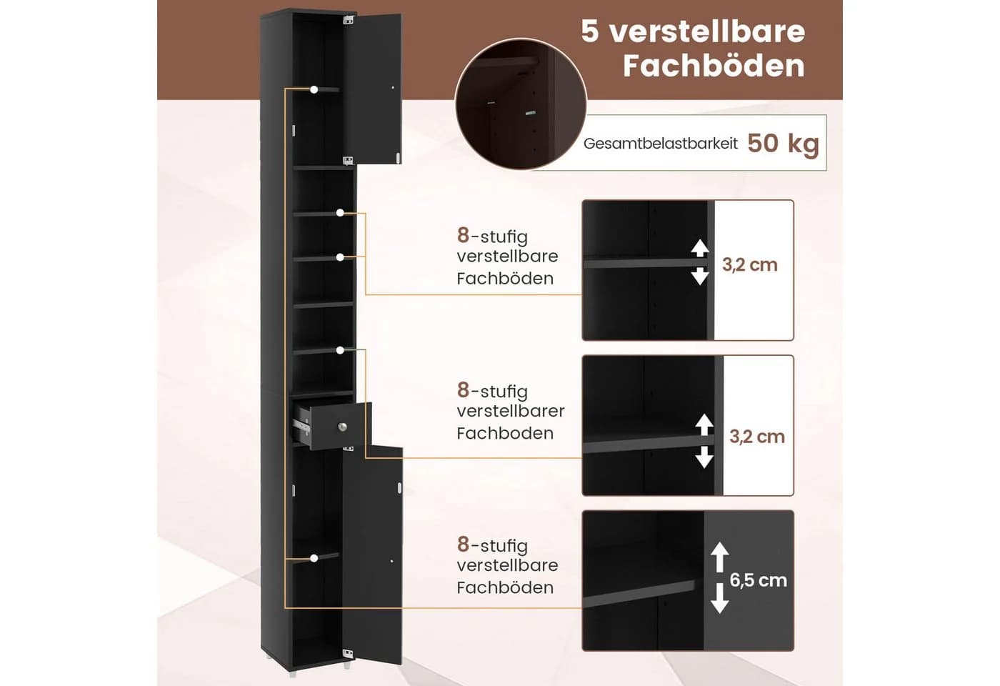 COSTWAY Hochschrank Badschrank schmal, 9 Fächer, 180 cm weiß - Bild 4