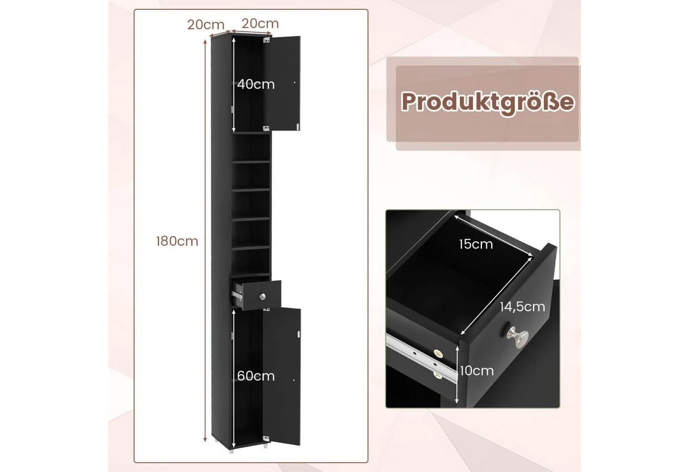 COSTWAY Hochschrank Badschrank schmal, 9 Fächer, 180 cm weiß - Bild 5