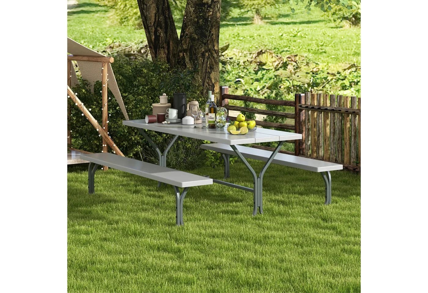 KOMFOTTEU Picknicktisch Set Grau Schwarz für 8 Personen