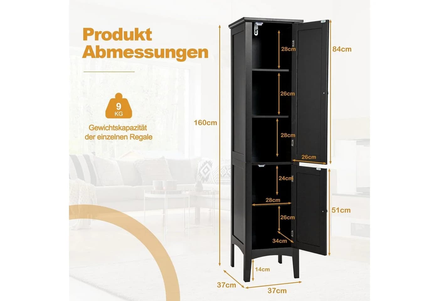 KOMFOTTEU Hochschrank Badschrank mit 2 Türen, 5 offene Fächer - Bild 3