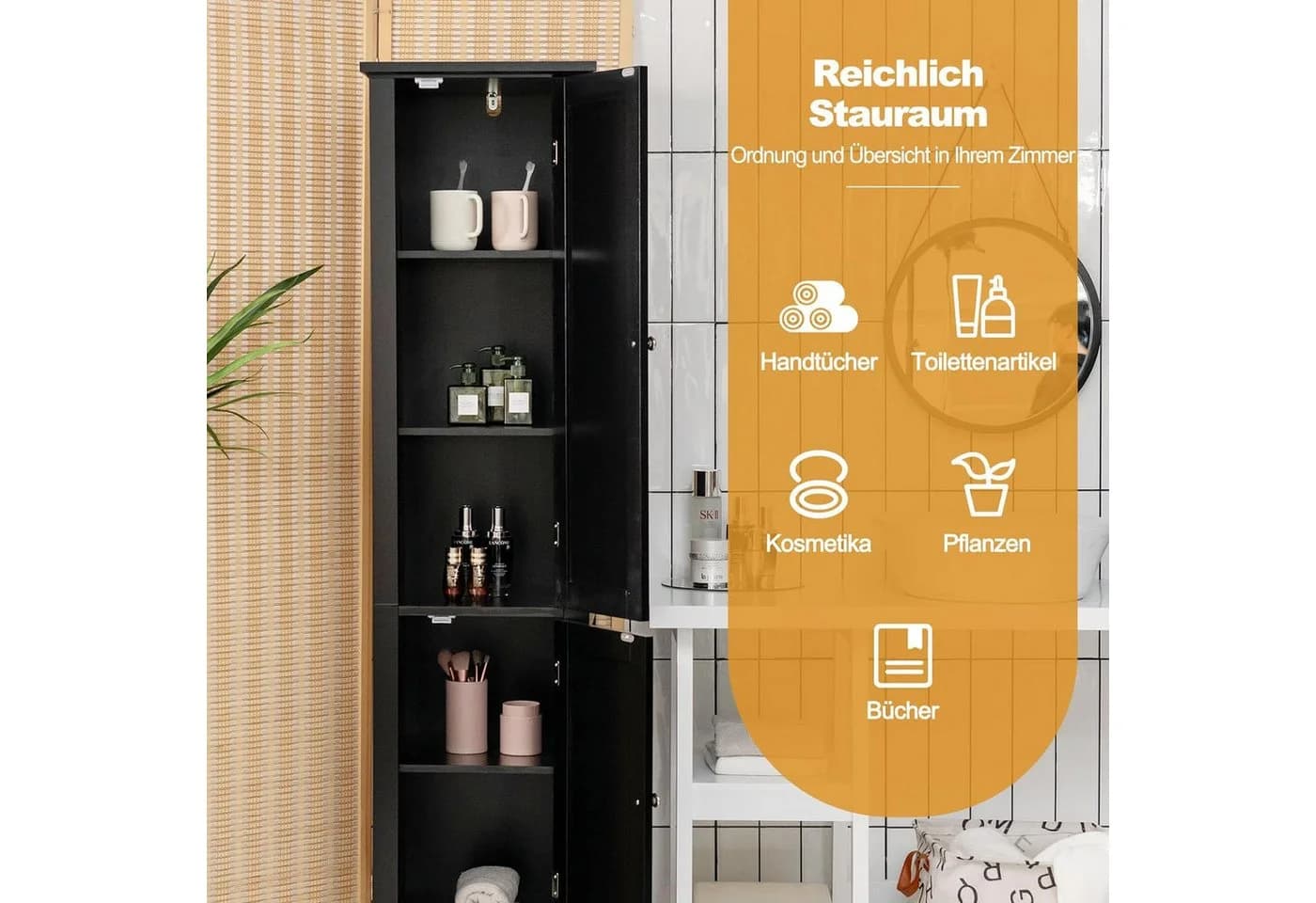 KOMFOTTEU Hochschrank Badschrank mit 2 Türen, 5 offene Fächer - Bild 4