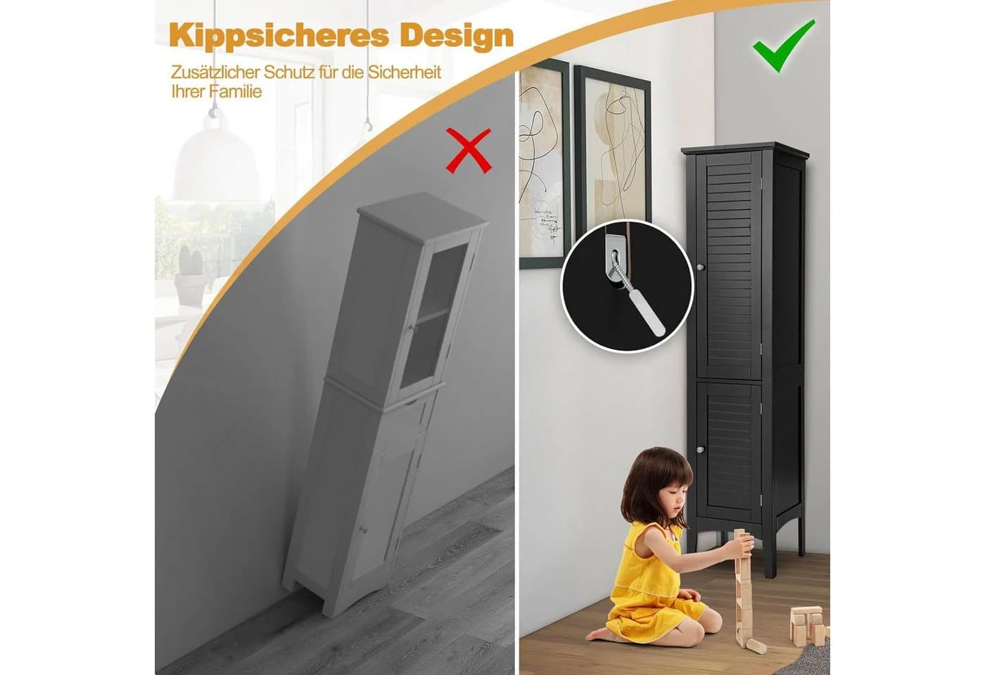KOMFOTTEU Hochschrank Badschrank mit 2 Türen, 5 offene Fächer - Bild 5