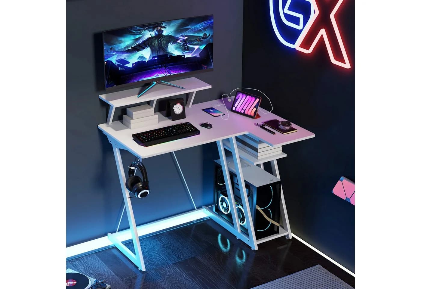 KOMFOTTEU Computertisch mit USB & Steckdosen Rosa/Weiß