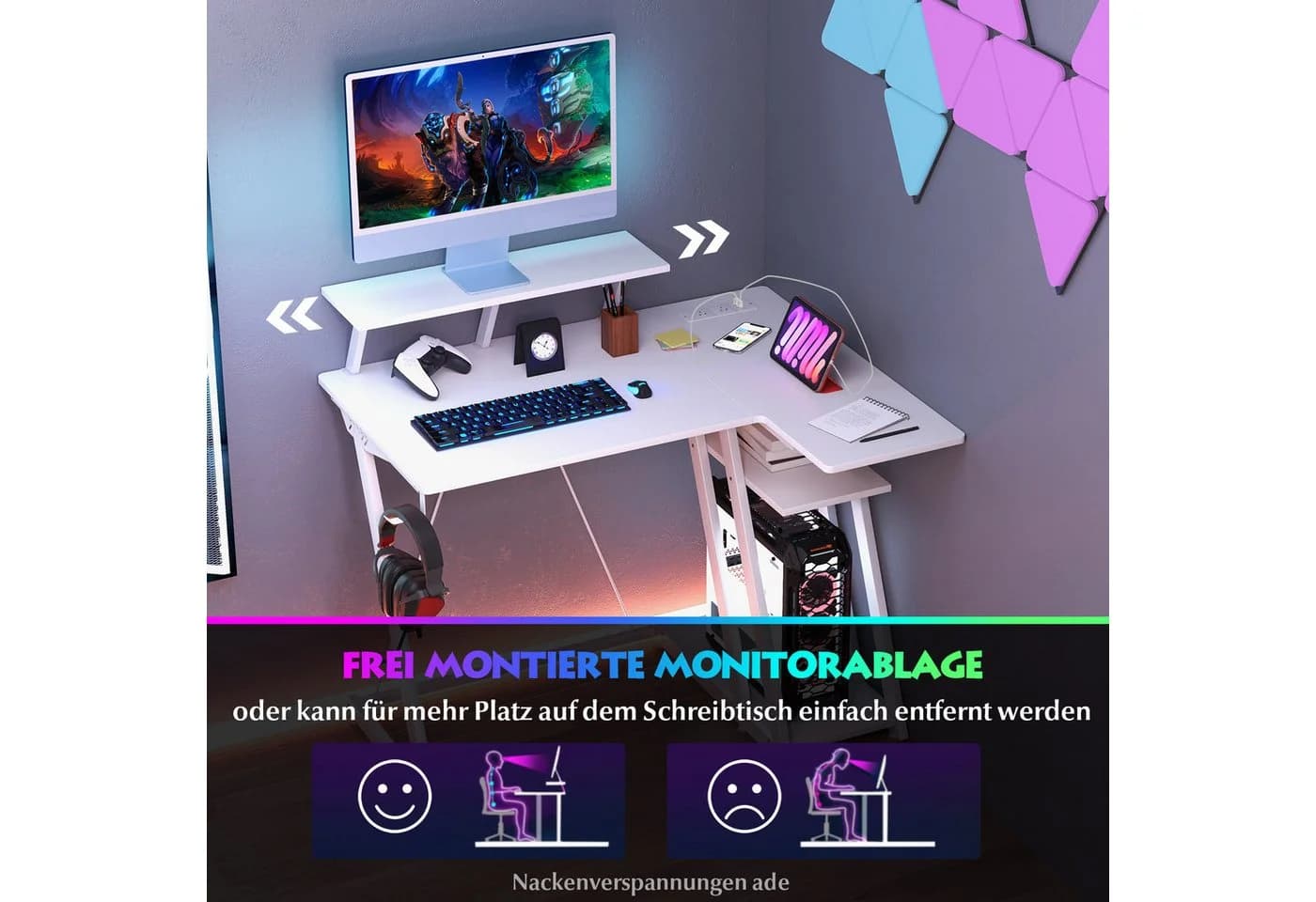 KOMFOTTEU Computertisch mit USB & Steckdosen Rosa/Weiß - Bild 3