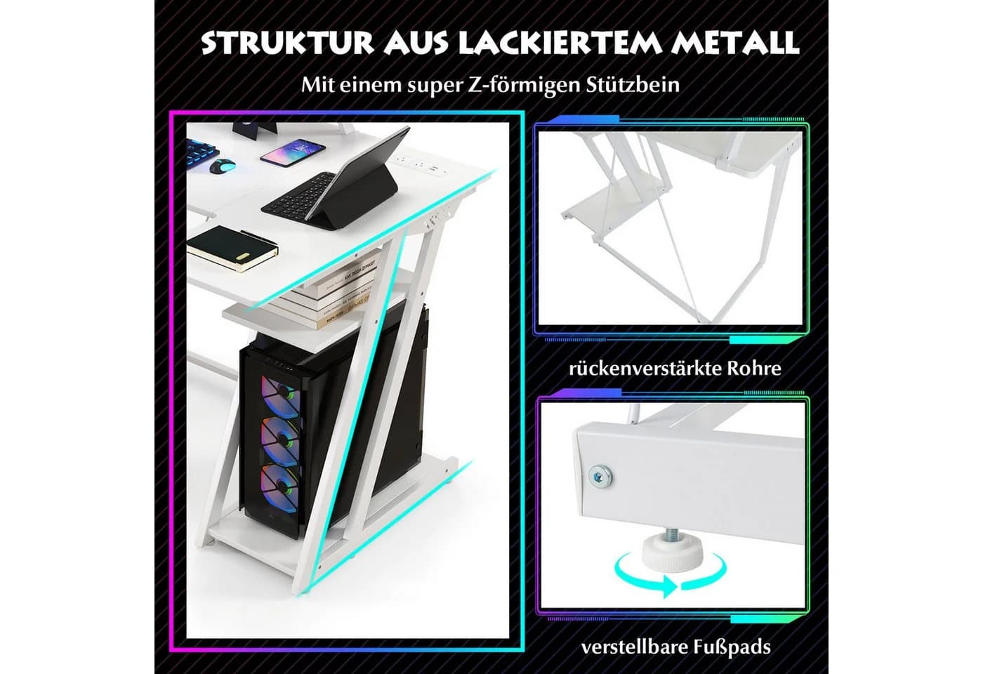 KOMFOTTEU Computertisch mit USB & Steckdosen Rosa/Weiß - Bild 4