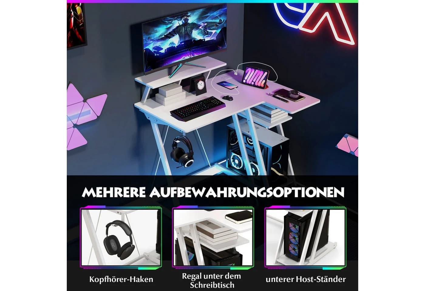 KOMFOTTEU Computertisch mit USB & Steckdosen Rosa/Weiß - Bild 5