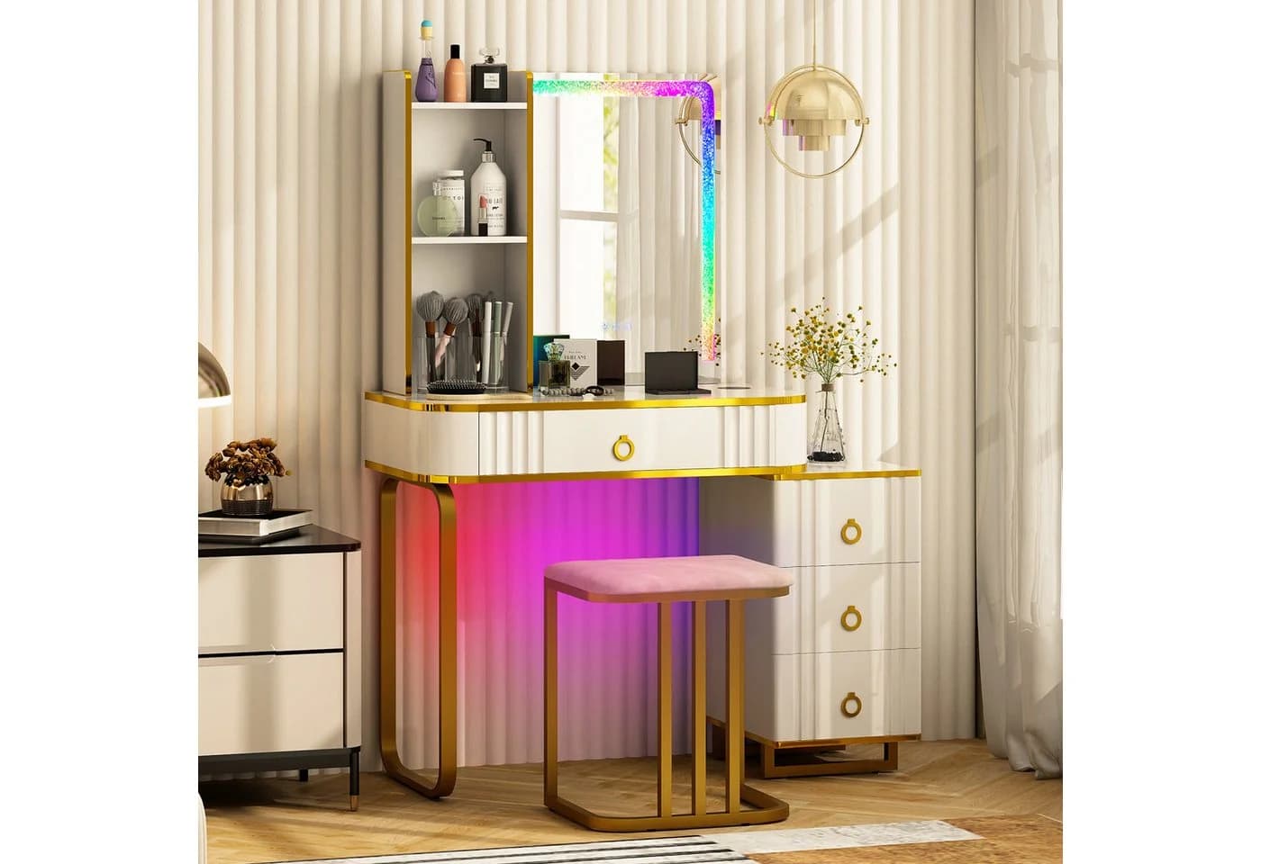 COSTWAY Schminktisch mit 14 LED-Leuchten, USB-Anschluss, Hocker