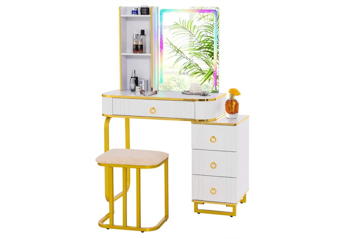 COSTWAY Schminktisch mit 14 LED-Leuchten, USB-Anschluss, Hocker - Bild 2
