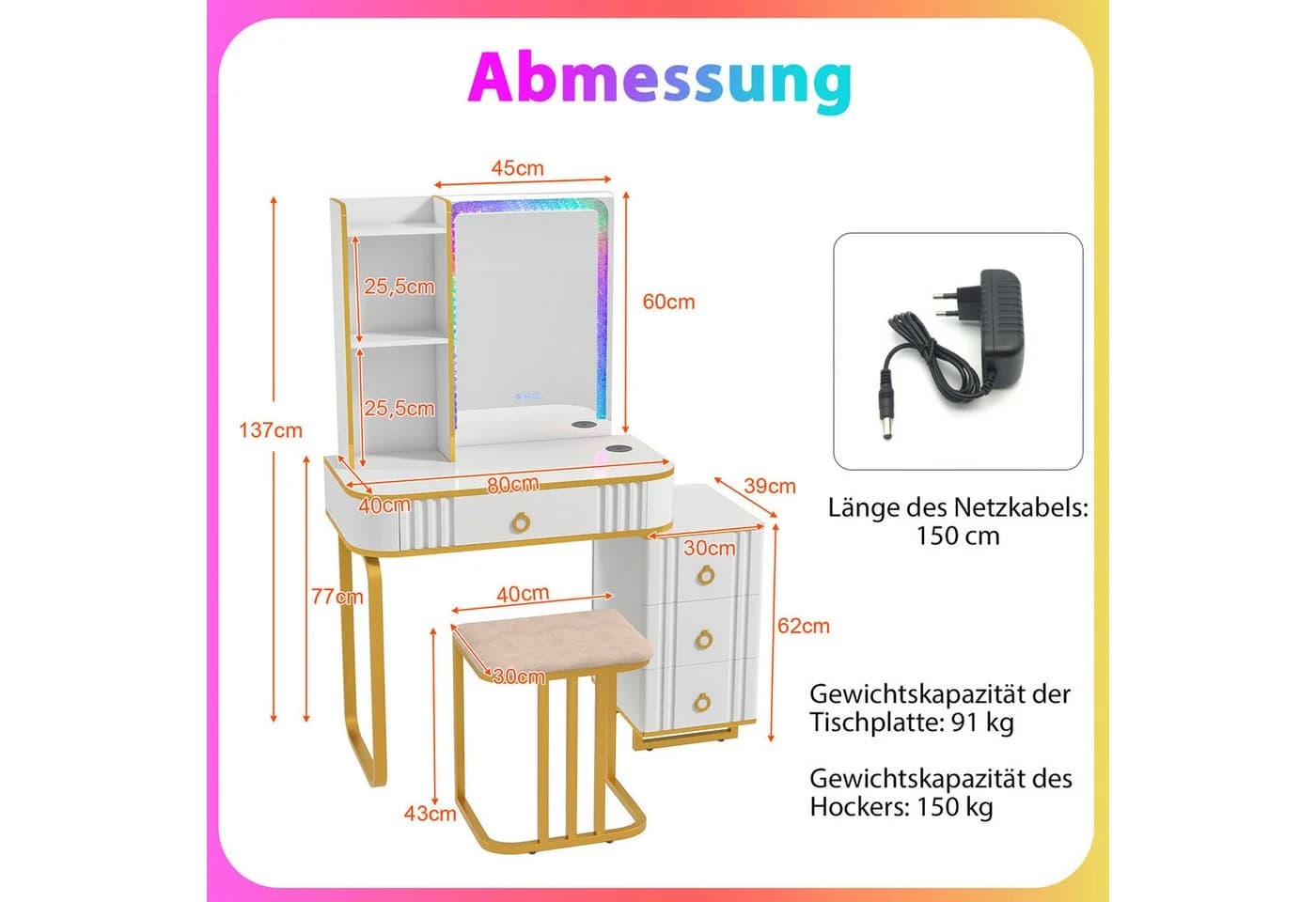 COSTWAY Schminktisch mit 14 LED-Leuchten, USB-Anschluss, Hocker - Bild 5