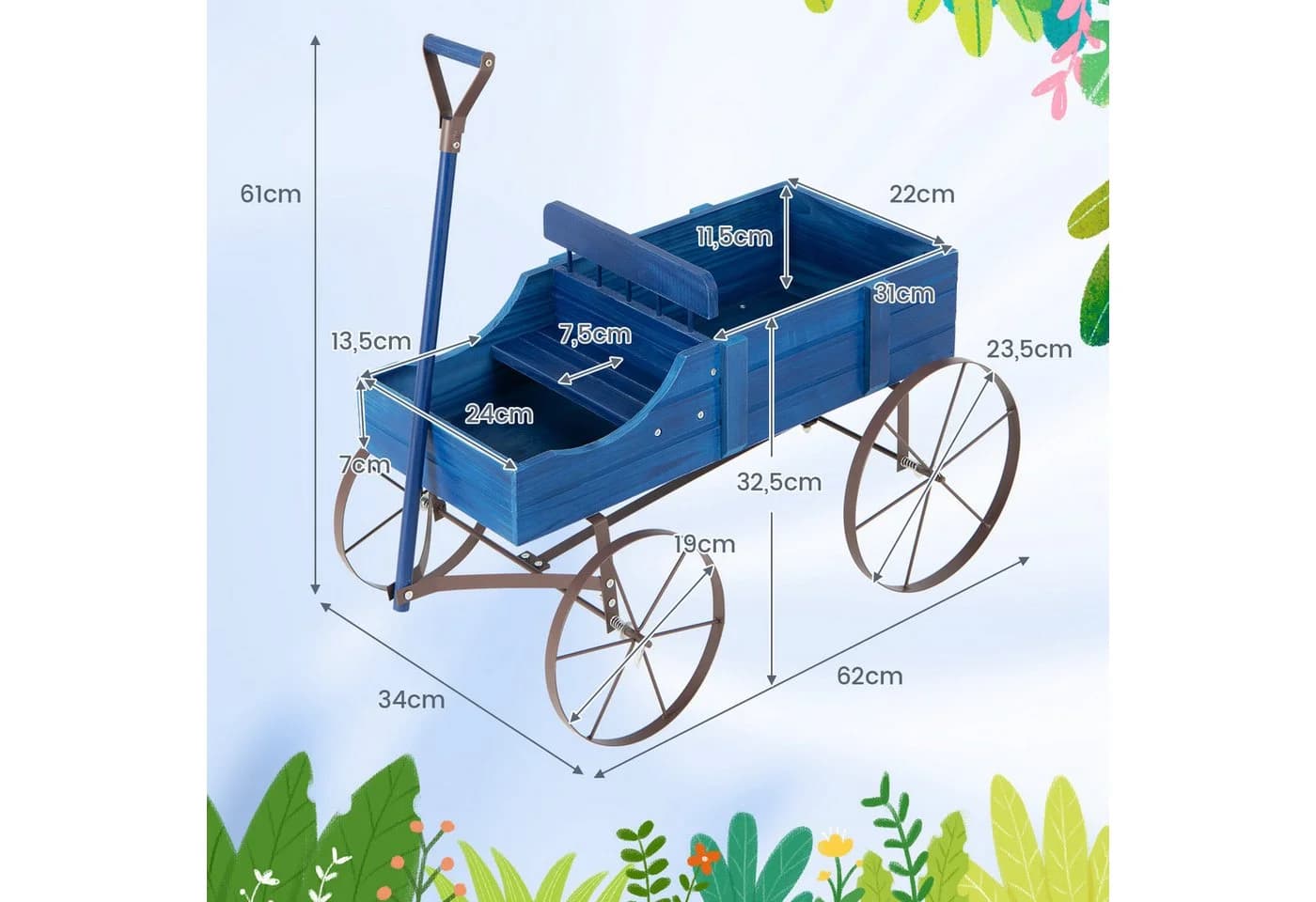 COSTWAY Blumenständer Pflanzwagen mit Rädern Tannenholz - Bild 4