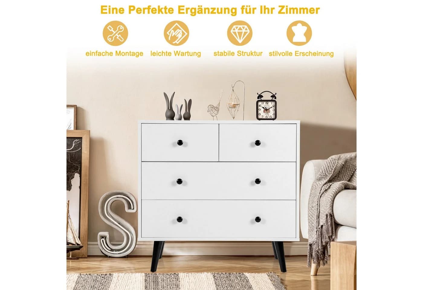 KOMFOTTEU Sideboard Kommode 4 Schubladen Weiß mit Kippschutz - Bild 3