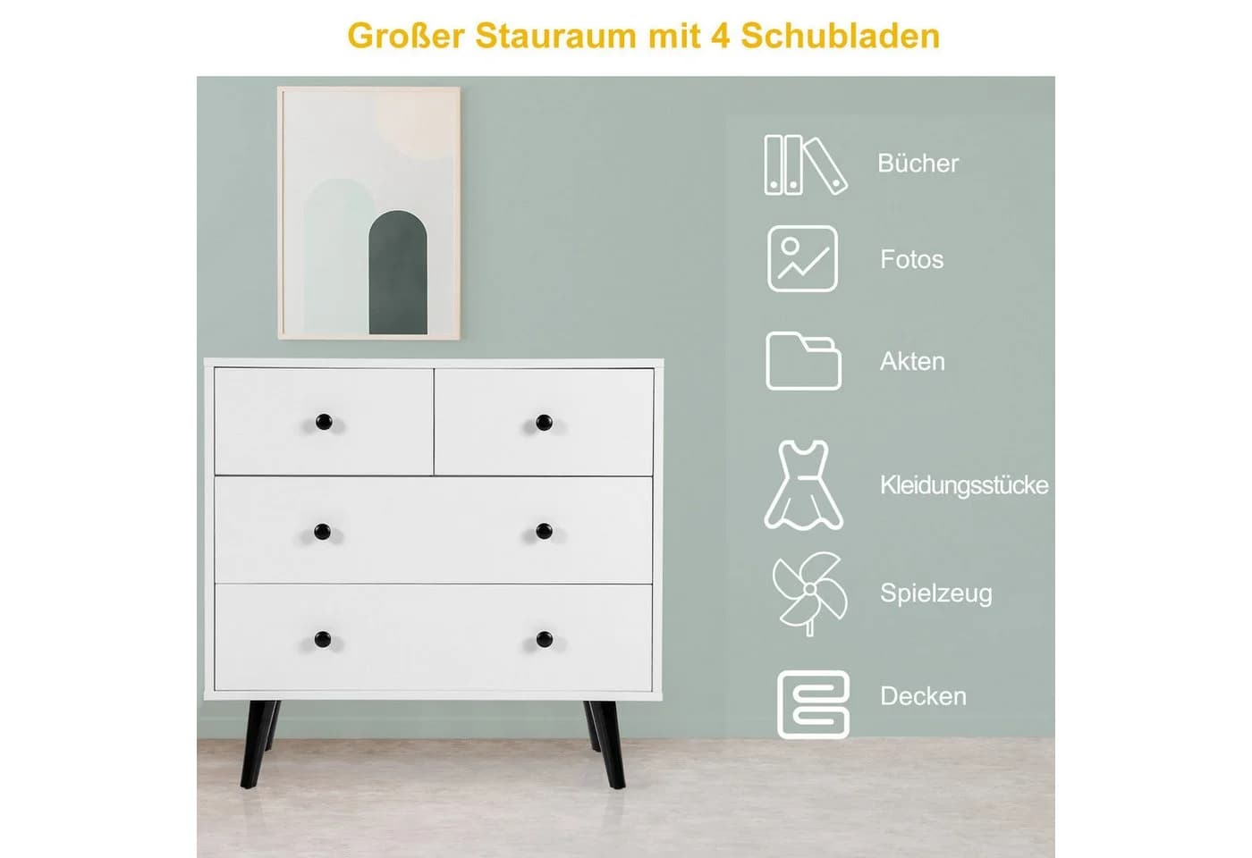 KOMFOTTEU Sideboard Kommode 4 Schubladen Weiß mit Kippschutz - Bild 4