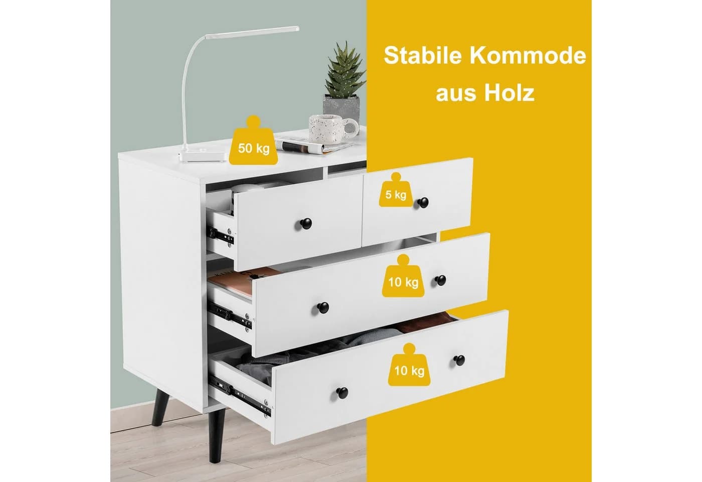 KOMFOTTEU Sideboard Kommode 4 Schubladen Weiß mit Kippschutz - Bild 5