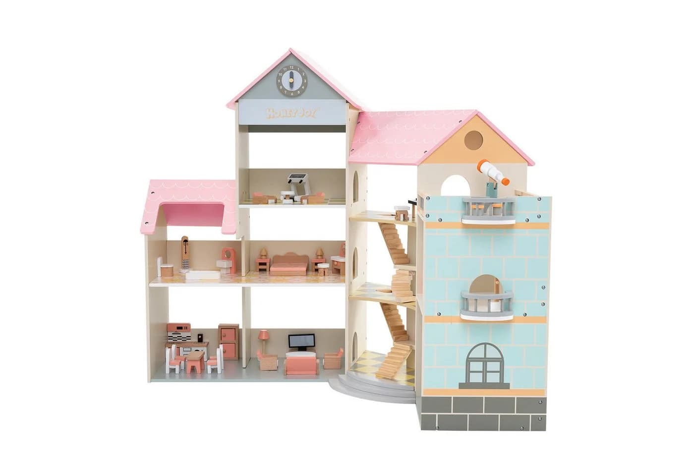 KOMFOTTEU Puppenhaus 3-stöckig Rosa/Blau mit 42 Teilen - Bild 2