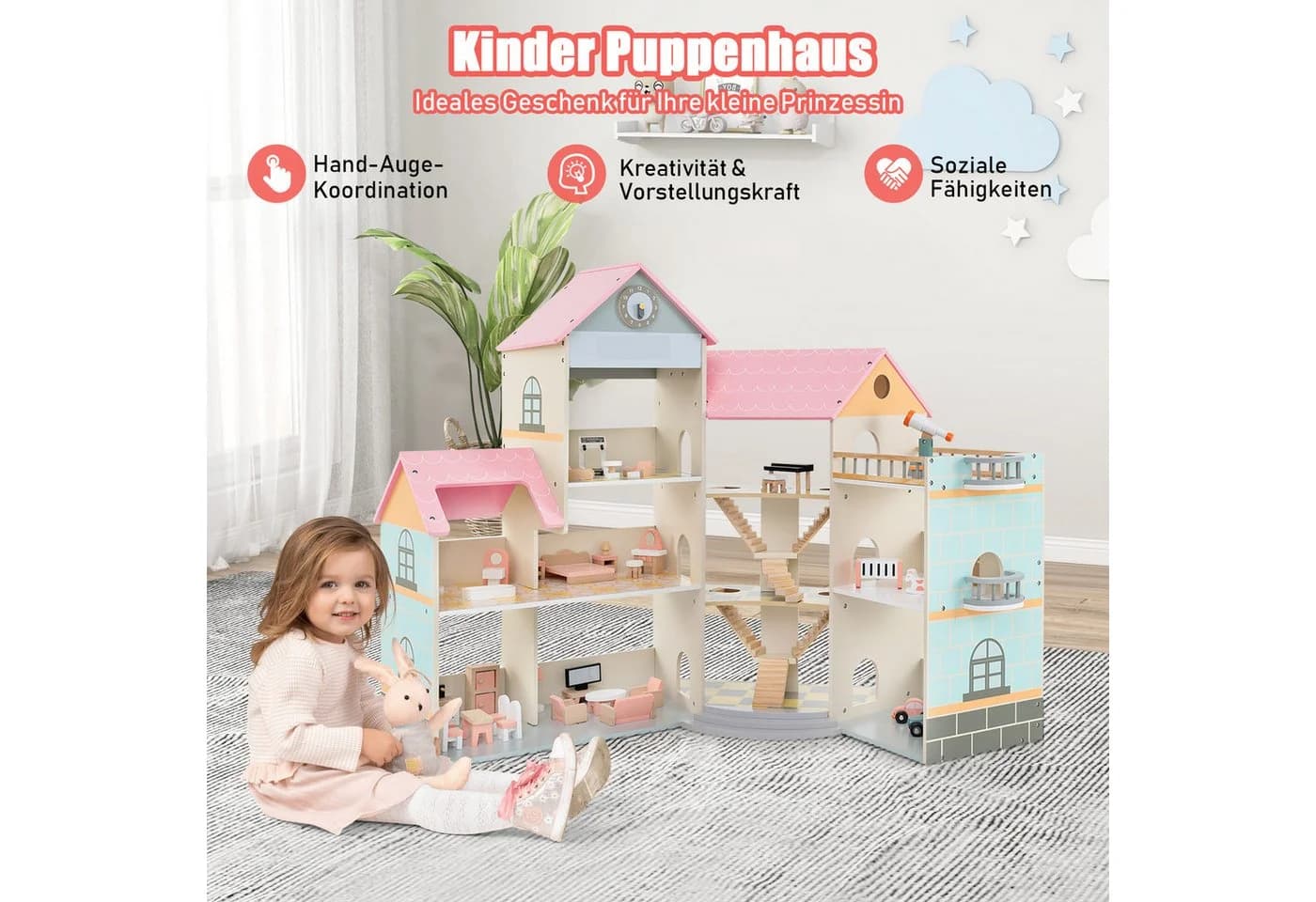 KOMFOTTEU Puppenhaus 3-stöckig Rosa/Blau mit 42 Teilen - Bild 3
