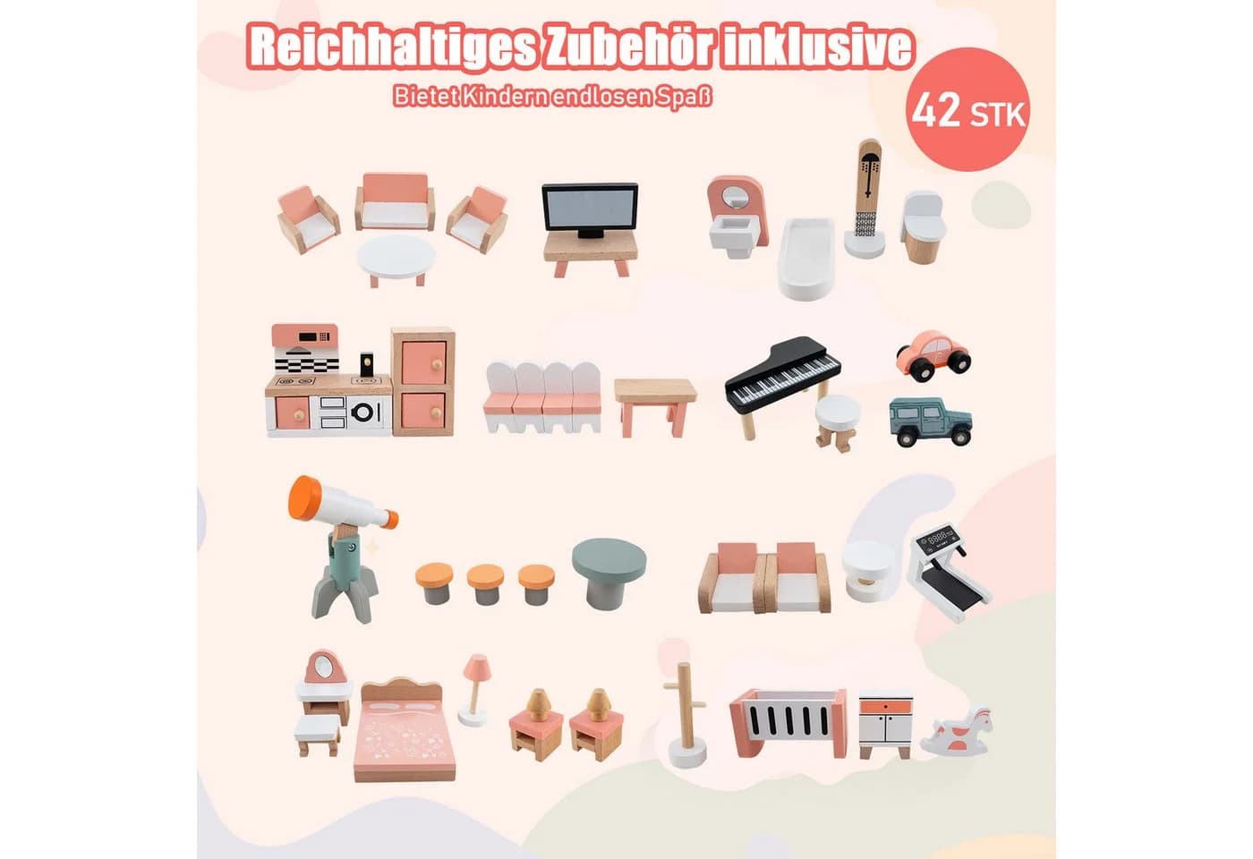 KOMFOTTEU Puppenhaus 3-stöckig Rosa/Blau mit 42 Teilen - Bild 4