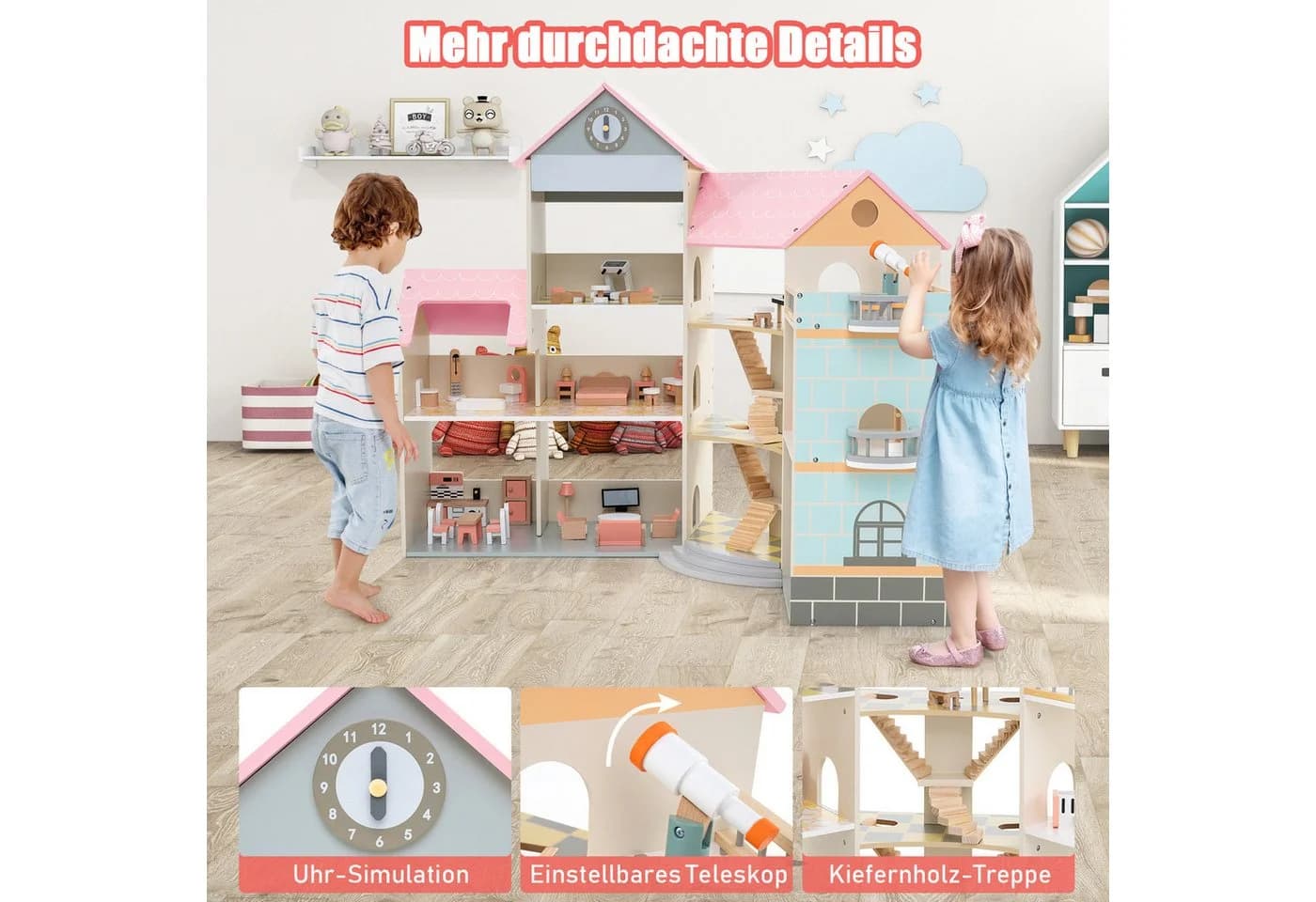 KOMFOTTEU Puppenhaus 3-stöckig Rosa/Blau mit 42 Teilen - Bild 5