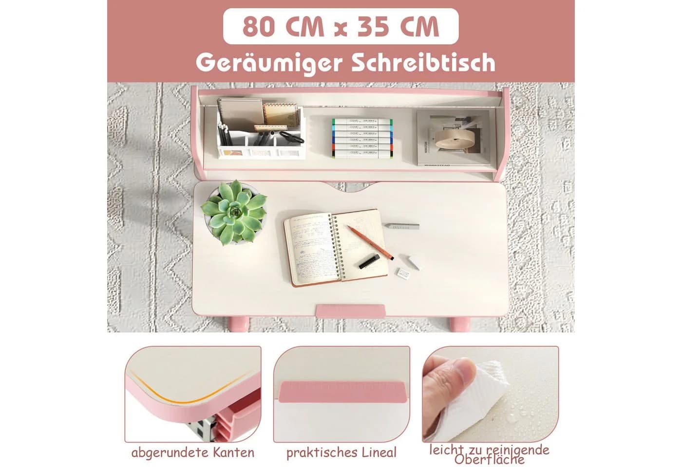 KOMFOTTEU Kinderschreibtisch 7-stufig neigbar Blau/Rosa/Grau - Bild 4