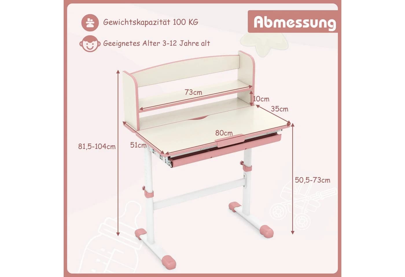 KOMFOTTEU Kinderschreibtisch 7-stufig neigbar Blau/Rosa/Grau - Bild 5