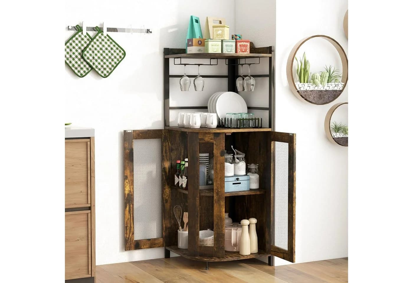KOMFOTTEU Weinschrank Eck-Barschrank mit Glashalter, 2 Türen, Braun