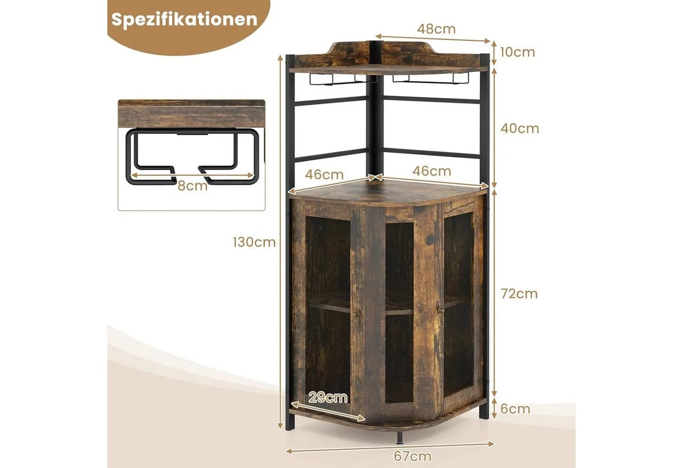 KOMFOTTEU Weinschrank Eck-Barschrank mit Glashalter, 2 Türen, Braun - Bild 3
