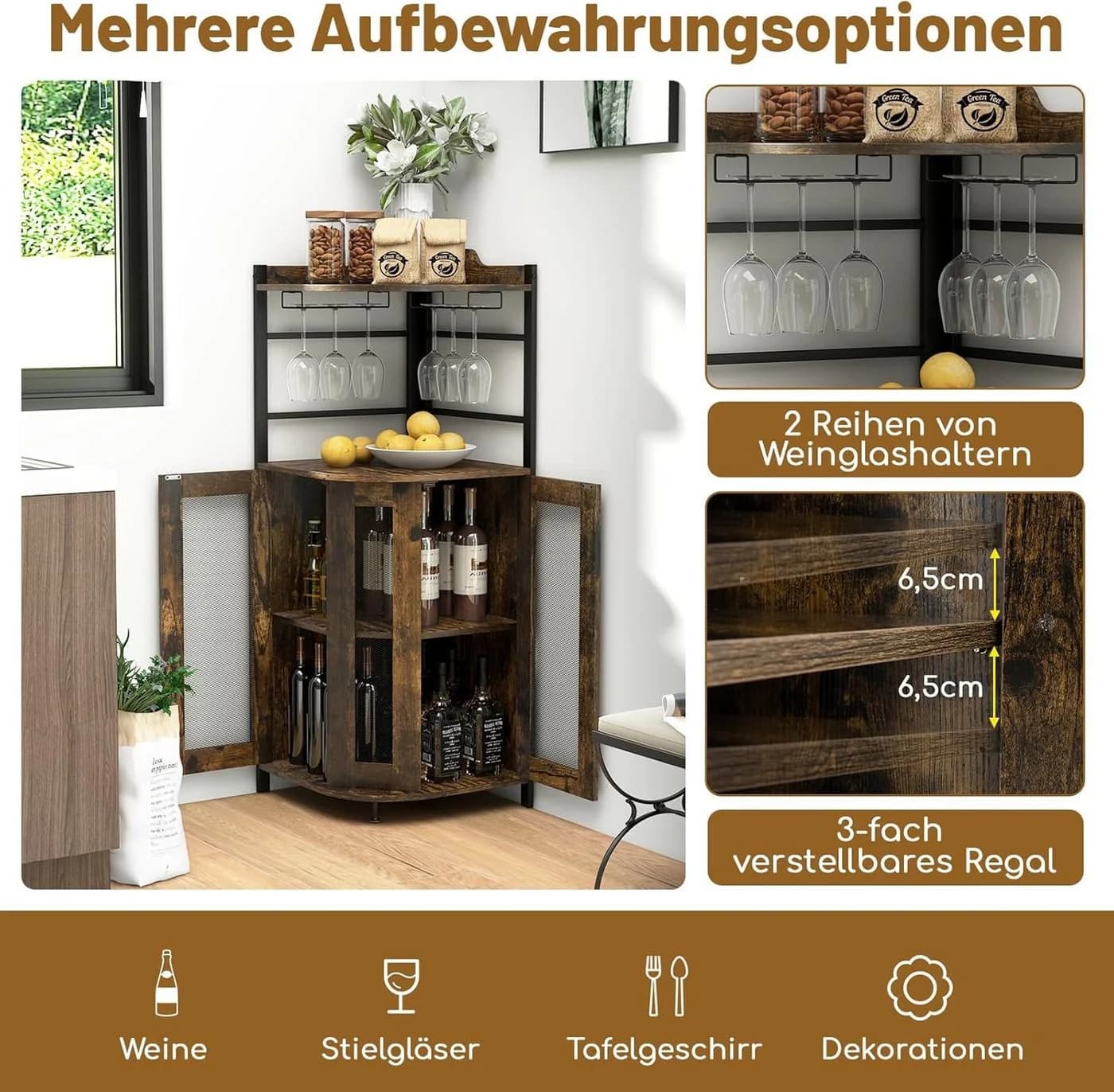 KOMFOTTEU Weinschrank Eck-Barschrank mit Glashalter, 2 Türen, Braun - Bild 4